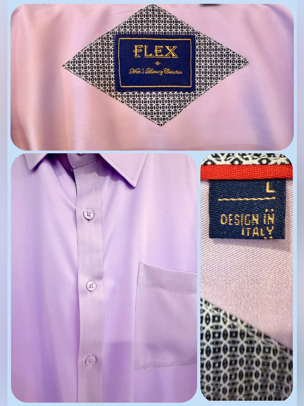 Flex Men’s Lavender Button Down Shirt Large Short Sleeve Design in Italy - Picture 7 of 11